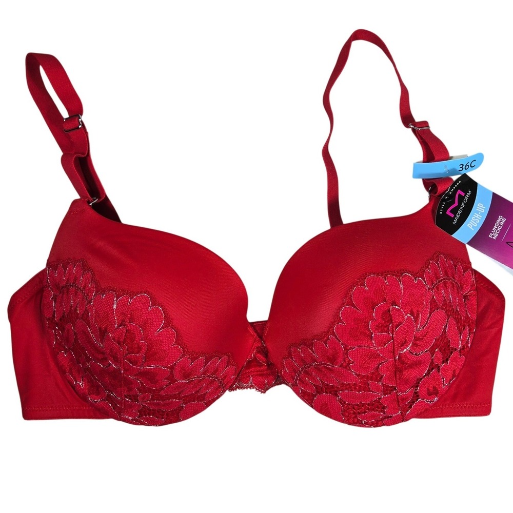 Maidenform Love The Lift Push Up Bra 36C Red Lace Plunging Neckline DM9900